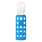 lifefactory 9 oz ocean glass baby bottle made of borosilicate glass & a medical grade silicon sleeve. bpa & bps free