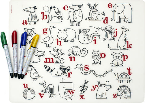 modern twist alphabet animals mark-mat set is a plastic-free non toxic silicone place washable mat and markers