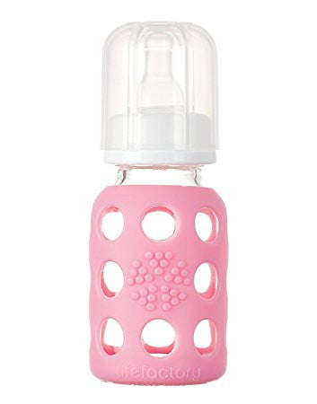 lifefactory 4 oz pink glass baby bottle made of borosilicate glass & a medical grade silicon sleeve. bpa & bps free