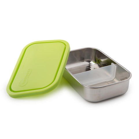 u-konserve lime divided rectangle 25oz stainless steel food container with movable divider is a reusable bento-style lunchbox