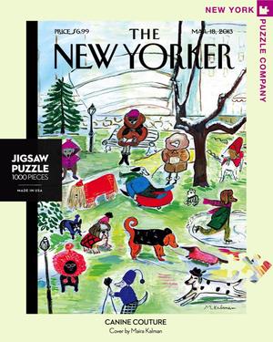 New York Puzzle Companys 1,000 piece jigsaw puzzle of the New Yorker cover canine couture. Made in the USA