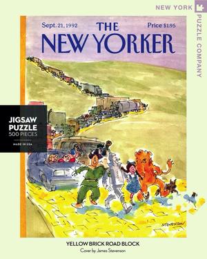 New York Puzzle Companys 500 piece jigsaw puzzle of the New Yorker cover yellow brick road block. Made in the USA