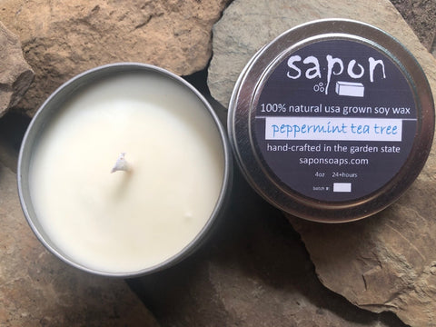 sapon peppermint tea tree 4oz hand-crafted soy candles made in small batches using 100% USA soy wax