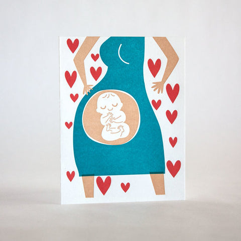 fugu fugu press preggers 17 letterpress card printed on recycled paper. inside of the card is blank. made in the usa