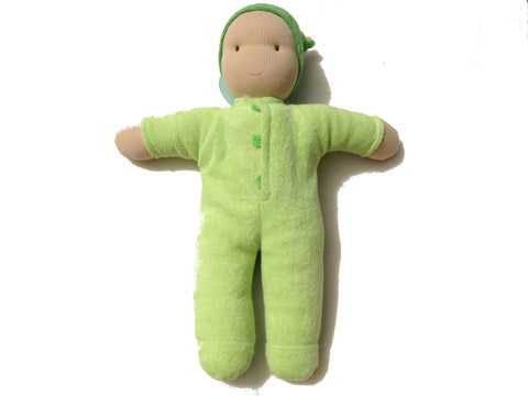 babylonia's peppa organic cotton cuddle doll is stuffed with lamb's wool. The turquoise fair trade doll's name is Matty.