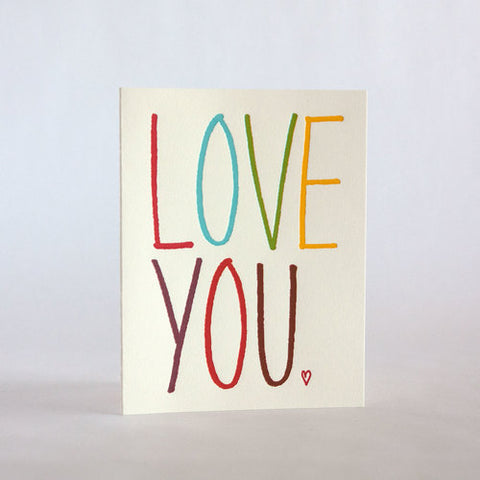 fugu fugu press love you rainbow 100 letterpress card printed on recycled paper. inside of the card is blank. made in the usa