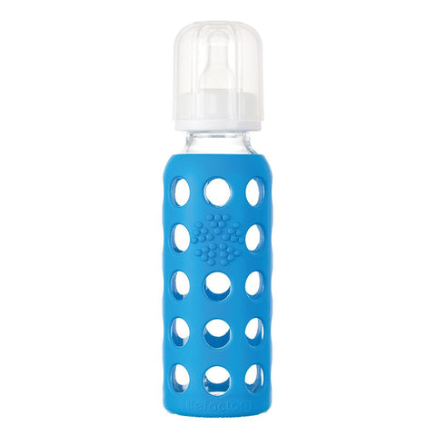 lifefactory 9 oz ocean glass baby bottle made of borosilicate glass & a medical grade silicon sleeve. bpa & bps free