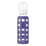 lifefactory 9 oz royal purple glass baby bottle made of borosilicate glass & a medical grade silicon sleeve. bpa & bps free