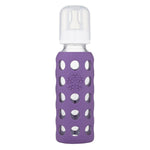 lifefactory 9 oz grape glass baby bottle made of borosilicate glass & a medical grade silicon sleeve. bpa & bps free