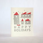 holiday houses with red fox 159 fugu fugu press letterpress card printed on recycled paper. inside of the card is blank. made in the usa
