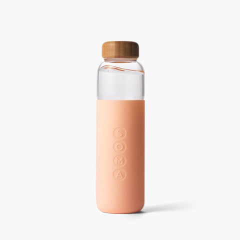 soma blush v2 17oz glass water bottle is made from shatter resistant borosilicate glass, with an outer protective silicone sleeve