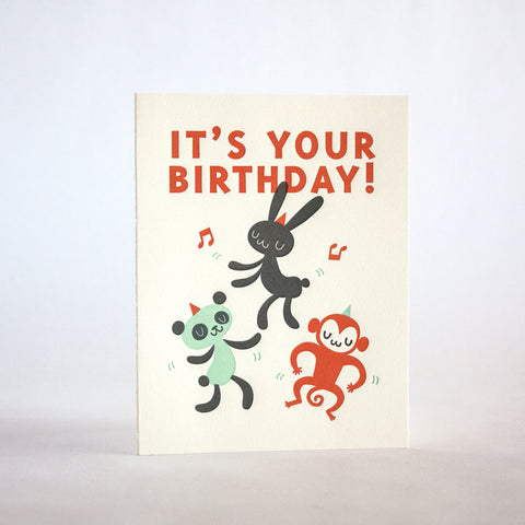 happy birthday dance party! 184 fugu fugu press letterpress card printed on recycled paper. inside of the card is blank. made in the usa