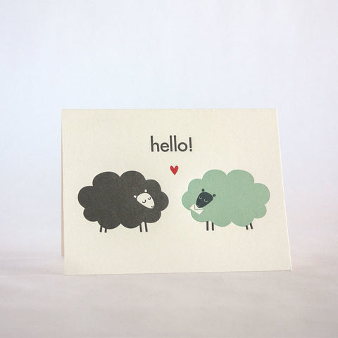 hello sheeps 200 fugu fugu press letterpress card printed on recycled paper. inside of the card is blank. made in the usa
