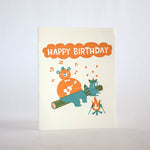 fugu fugu press happy birthday raccoon bear campfire 230 letterpress card printed on recycled paper. made in the usa