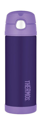 thermos funtainer stainless steel water bottle with straw 16oz purple is vacuum insulated to keep  cool for up to ten hours
