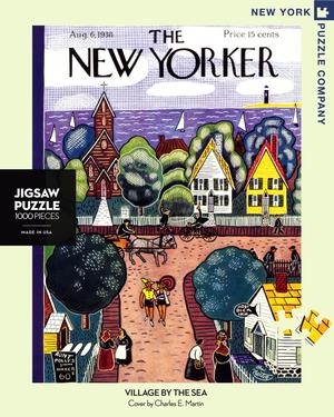 New York Puzzle Companys 1000 piece jigsaw puzzle of the New Yorker cover village by the sea. Made in the USA