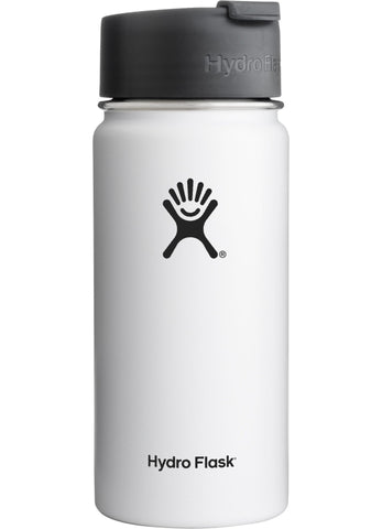 white 16 oz wide mouth hydro flask bottle keeps liquids cold for up to 24 hours and hot up to 6. bpa-free 