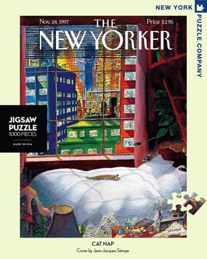 New York Puzzle Companys 1000 piece jigsaw puzzle of the New Yorker cover cat nap. Made in the USA
