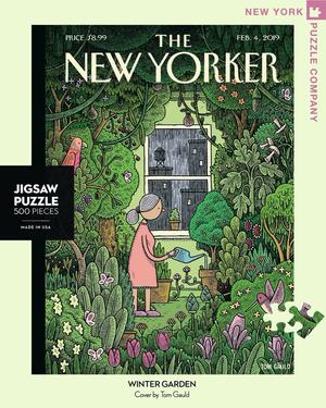 New York Puzzle Companys 500 piece jigsaw puzzle of the New Yorker cover Winter Garden. Made in the USA
