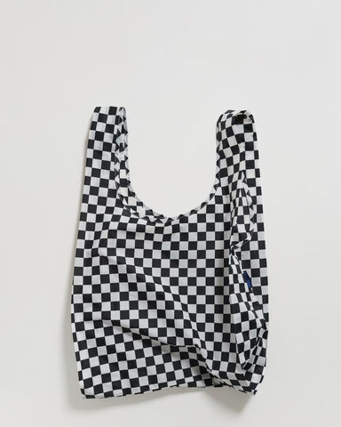 standard baggu black checkerboard reusable shopping bag holds up to 50lbs. made from 40% recycled ripstop nylon