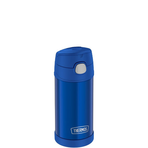 thermos funtainer stainless steel water bottle with straw 12oz blue is vacuum insulated to keep  cool for up to ten hours