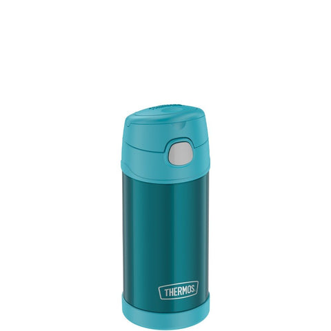 thermos funtainer stainless steel water bottle with straw 12oz teal is vacuum insulated to keep  cool for up to ten hours