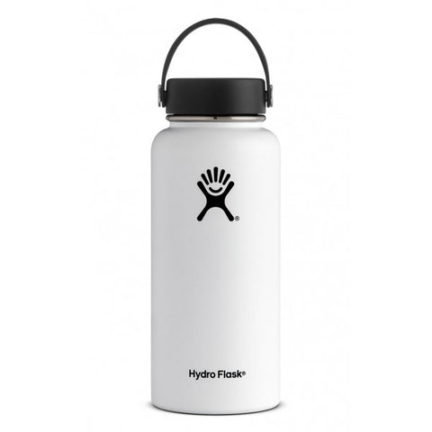 white 32 oz wide mouth hydro flask bottle keeps liquids cold for up to 24 hours and hot up to 6. bpa-free 