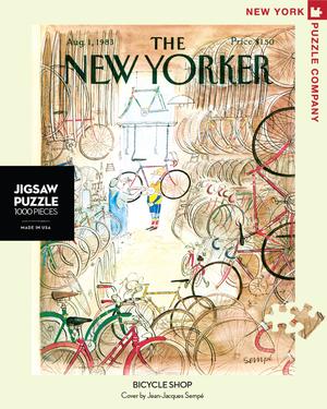 New York Puzzle Companys 1,000 piece jigsaw puzzle of the New Yorker cover Bicycle Shop. Made in the USA