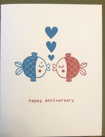 anniversary fish 7 fugu fugu press letterpress card printed on recycled paper. inside of the card is blank. made in the usa