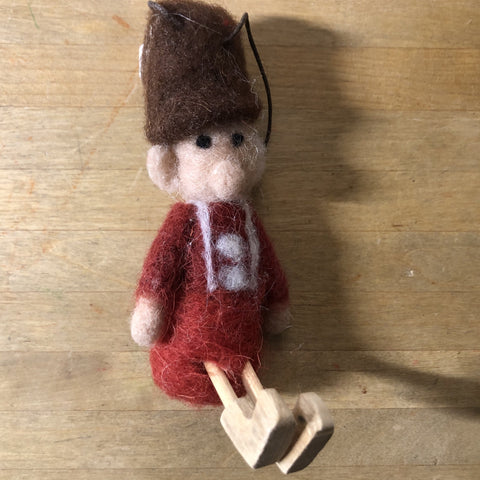 wooly elf sitting down, brown shirt felted wool ornament