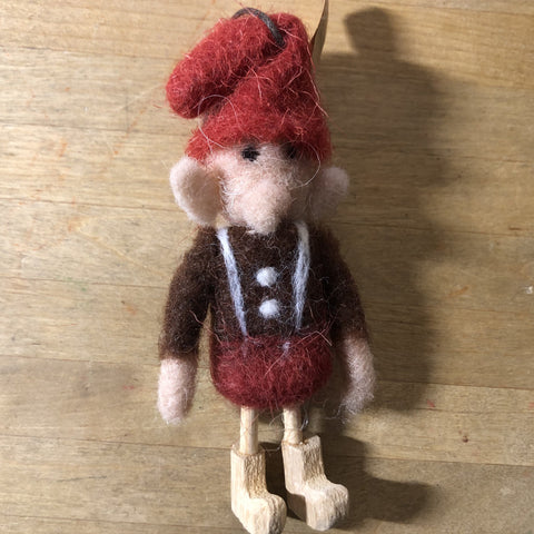 wooly elf, brown shirt felted wool ornament