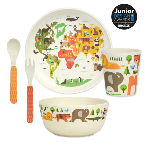 petit collage world 5-piece bamboo dinnerware set (plate, bowl, cup, spoon, fork). BPA-free, PVC-free, and phthalate-free