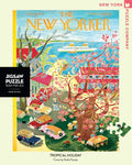 New York Puzzle Companys 500 piece jigsaw puzzle of the New Yorker cover tropical holiday. Made in the USA