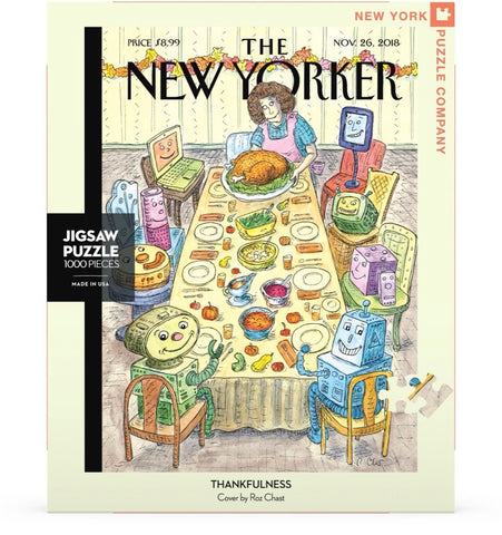 New York Puzzle Companys 1,000 piece jigsaw puzzle of the New Yorker cover thankfulness. Made in the USA
