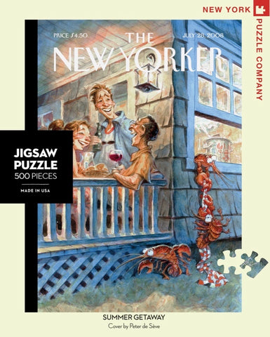 New York Puzzle Companys 500 piece jigsaw puzzle of the New Yorker cover summer getaway. Made in the USA
