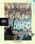new york puzzle companys 750 piece jigsaw puzzle of the new yorker cover skating in the park. made in the usa