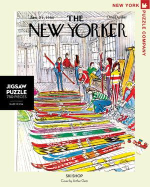 new york puzzle companys 750 piece jigsaw puzzle of the new yorker cover ski shop. made in the usa