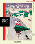 new york puzzle companys 1000 piece jigsaw puzzle of the new yorker cover tree shopping. made in the usa