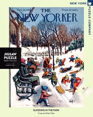 new york puzzle companys 500 piece jigsaw puzzle of the new yorker cover sledding in the park. made in the usa