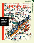 new york puzzle companys 1000 piece jigsaw puzzle of the new yorker cover winter weekend. made in the usa