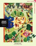 New York Puzzle Companys 1000 piece jigsaw puzzle of the New Yorker cover summer camp. Made in the USA