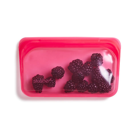 stasher reusable silicone snack bags, raspberry