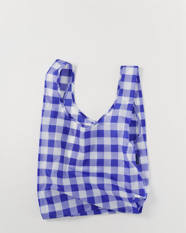 big check blue standard baggu reusable shopping bag holds up to 50lbs. made from 40% recycled ripstop nylon