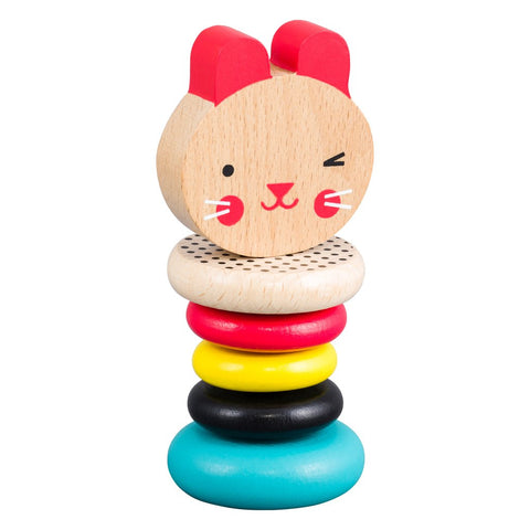petit collage bunny wooden rattle for little hands to practice clutching & grasping. non-toxic water-based paints. ages 6m+