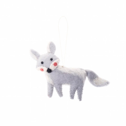 artic fox animal ornament hand felted, stuffed and stitched with care by artisans in nepal
