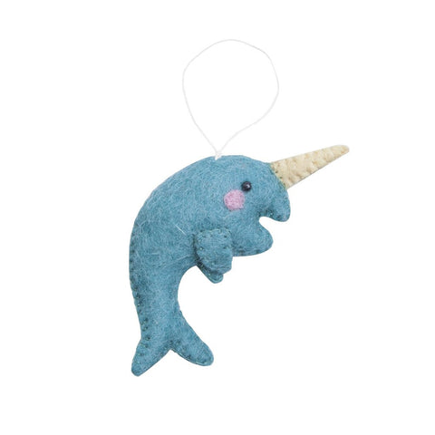 artic narwahl animal ornament hand felted, stuffed and stitched with care by artisans in nepal