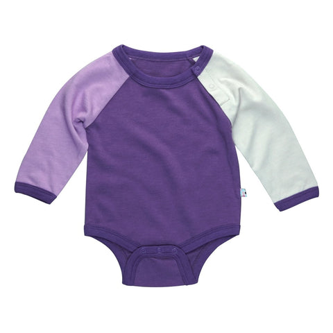 babysoy color block bodysuit, eggplant cloud lavender