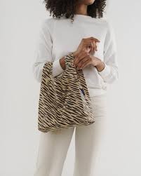 baby baggu tiger stripe reusable shopping bag holds up to 50lbs. made from 40% recycled ripstop nylon