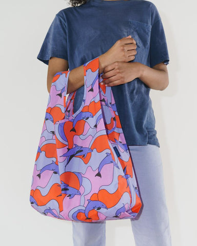 dolphins standard baggu reusable shopping bag holds up to 50lbs. can fit over shoulder. made from 40% recycled ripstop nylon