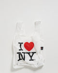 i love ny standard baggu reusable shopping bag holds up to 50lbs. can fit over shoulder. made from 40% recycled ripstop nylon